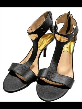 Michael Kors Black T-Strap Gold-Accent High Heel Sandals